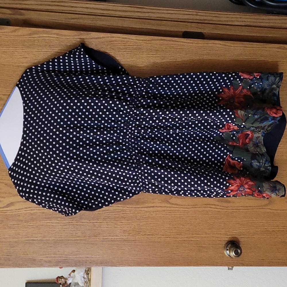 Truly Poppy Navy Blue and White Polka Dot Dress with Floral Pattern